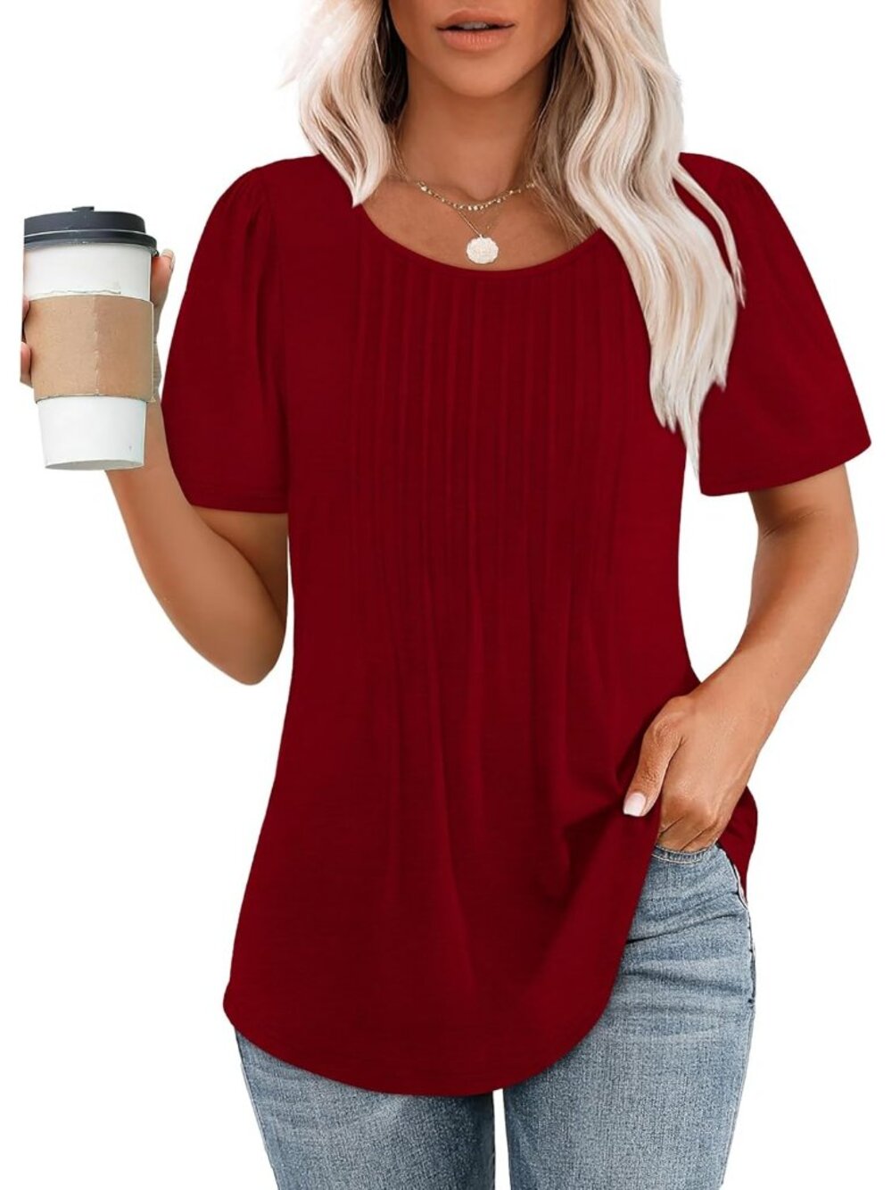 Women's 04 Wine Red Scooped Neck Short Sleeve Pleated Dressy Summer Casual Tops
